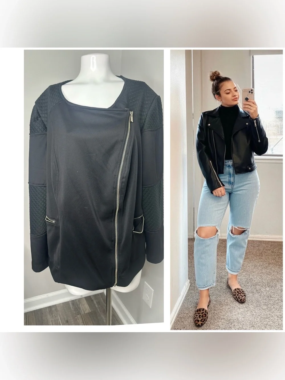 NY Collection Black Asymmetrical Zip Quilted-motor style Jacket-2X